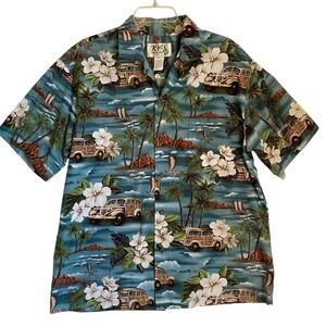 Vintage KY'S Hawaiian Shirt Mens L Tropical Blue Cars Short Sleeve Made Hawaii